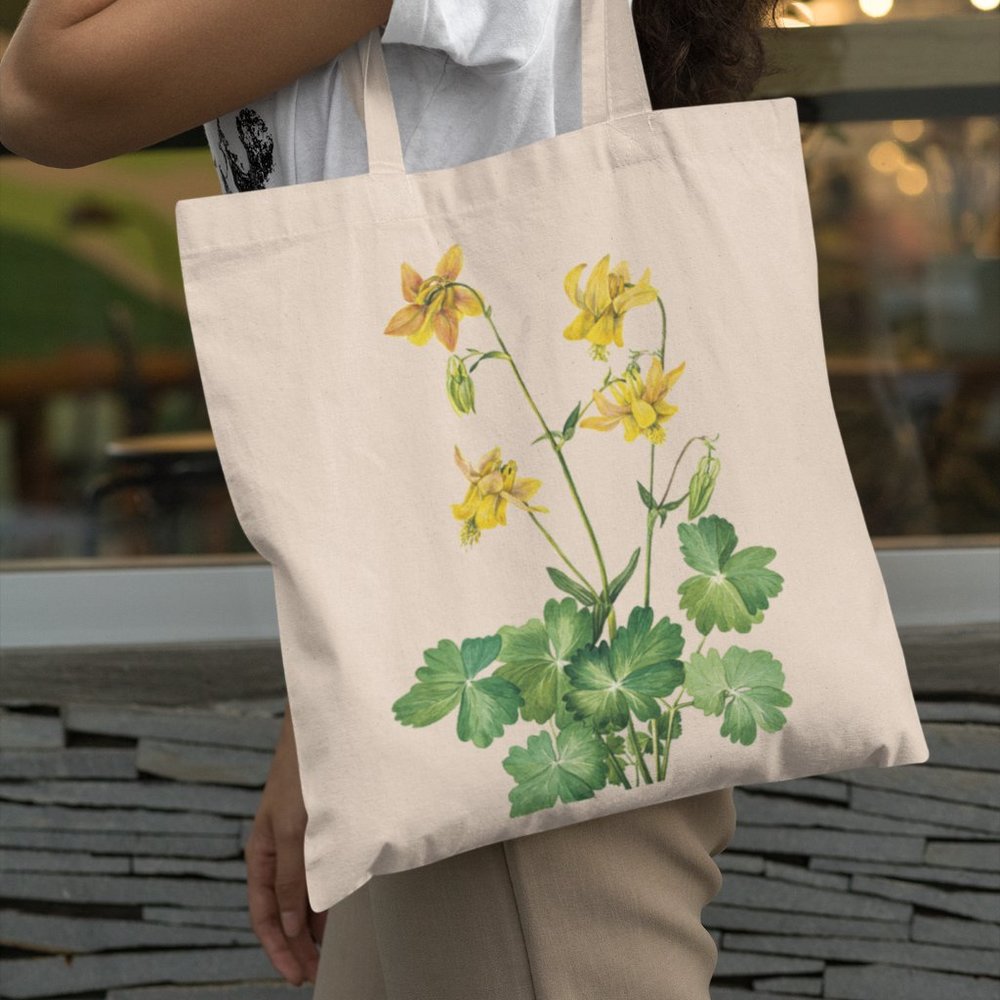 Lemon Yellow Columbine Vintage Watercolor Floral Print Graphic Canvas Tote Bag